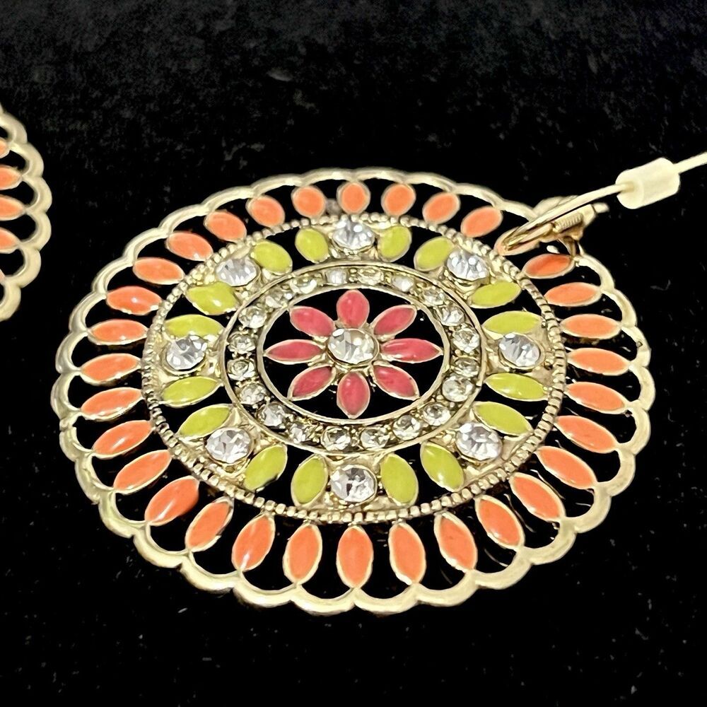 Vintage Dangle Earrings Indian‎ Sunburst Colored Gold Summer Floral Bright - Picture 3 of 6